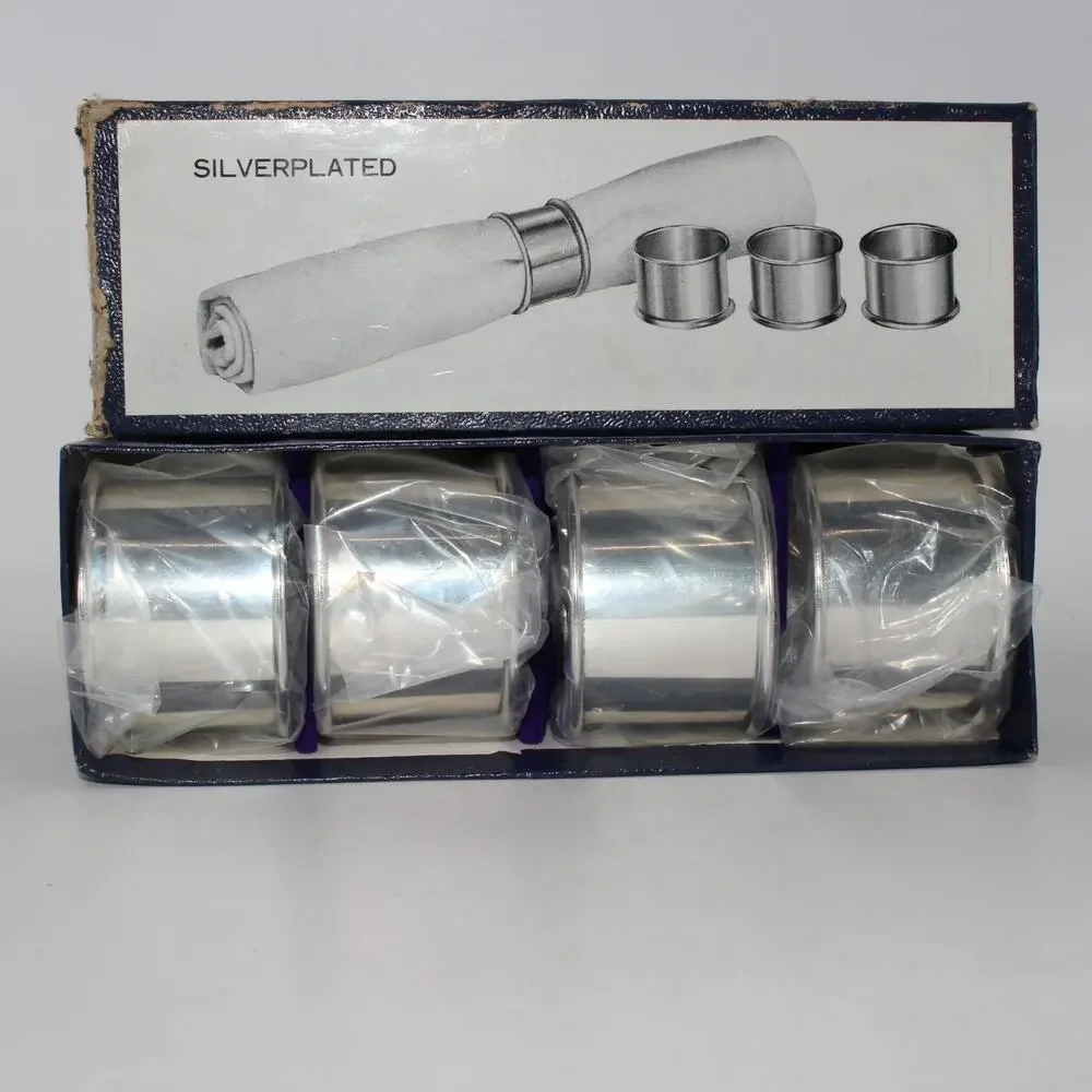 Vintage Set Of 4 Silver plate Napkin Rings Original Box Made In Japan NIB